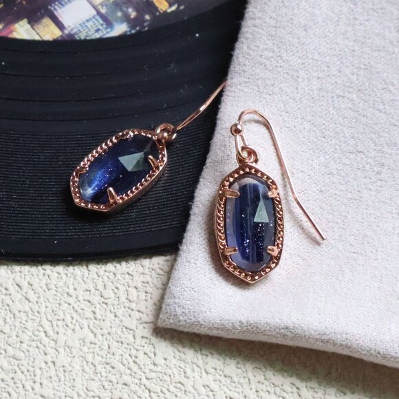 Kendra Scott Lee Rose Gold Earrings navy dusted glass NEW - Picture 2 of 2